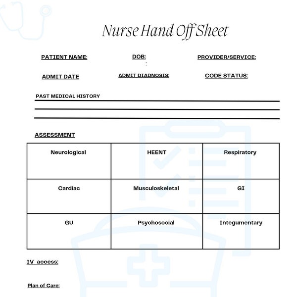 Nurse Report Sheet Med Surg Nurse ein Patient Pflegebericht Blatt 5 Farben von Kopf bis Fuß Bewertungsbogen