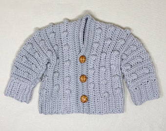 Gray Blue Chunky Knit Pom Pattern Cardigan