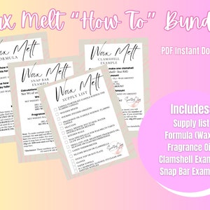 Könnte beinhalten: Ein druckbares PDF-Paket zum Herstellen von Wachs-Duftwachs, einschließlich einer Einkaufsliste, einer Formel und Beispielen für Muschel- und Schnappstab-Wachs-Duftwachs. Der Text "Wax Melt "How To" Bundle" befindet sich oben im Bild.