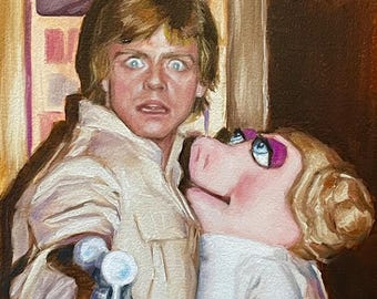 Luke and Miss Piggy original oil painting framed