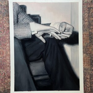 May include: A grayscale painting of a person seated, with hands clasped. The person wears a tweed jacket and dark trousers. A white bandage is wrapped around one wrist. A cigarette is held between the fingers.
