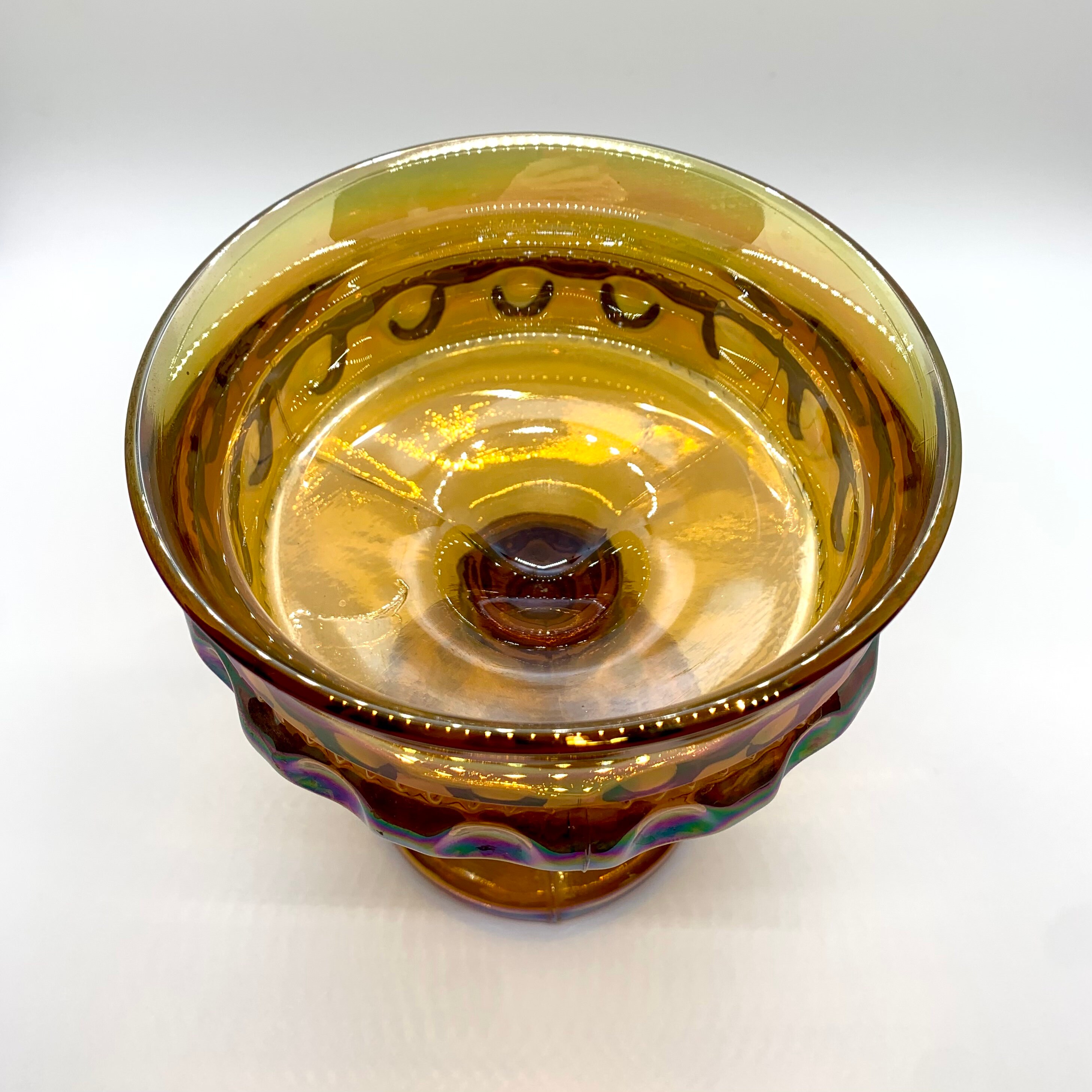 Two Iridescent Amber Carnival Glass Candy Dishes Etsy