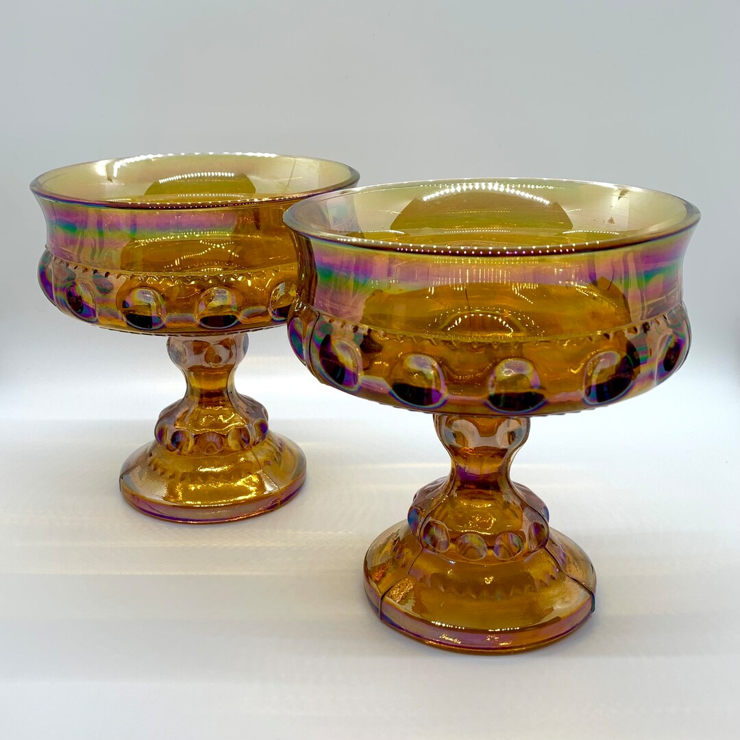 Two Iridescent Amber Carnival Glass Candy Dishes Etsy