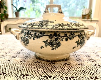 Antieke Franse ijzersteen soepterrine, turkooisblauwe rozen, jaren 1900