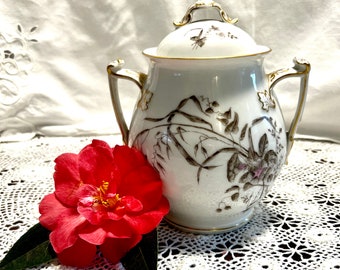 1910 Antique White Limoges Ironstone Porcelain Transferware Covered Biscuit Jar, Sugar Bowl, or Tea Caddy with Brown & Pink Floral Design