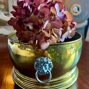 Vintage brass pot jardinière tub planter. Lion head handles. Rustic farmhouse. 1960’s