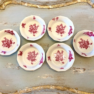 Antique French Limoges Dark Pink Floral Berry Dessert Bowls, set of 6, 1920’s