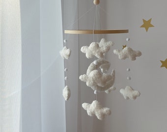 White minimalist boucle baby mobile