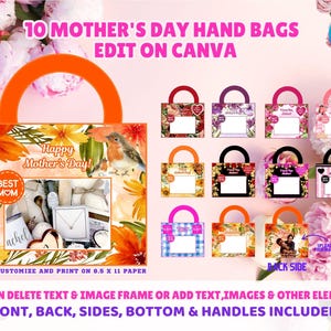 May include: A collection of ten Mother's Day hand bag designs, editable in Canva. The bags feature floral and heart motifs, with space for customization. One bag displays a robin and the text "Happy Mother's Day!" and "Best Mom."