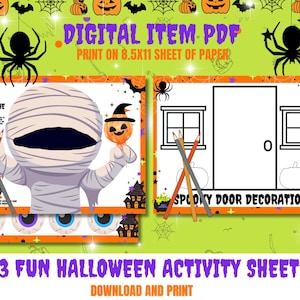 May include: A digital item PDF with Halloween-themed activity sheets. The image features a mummy holding a pumpkin lollipop, a spooky door decoration, and the text "Pin the Eyes on the Mummy." The background is green with Halloween decorations.