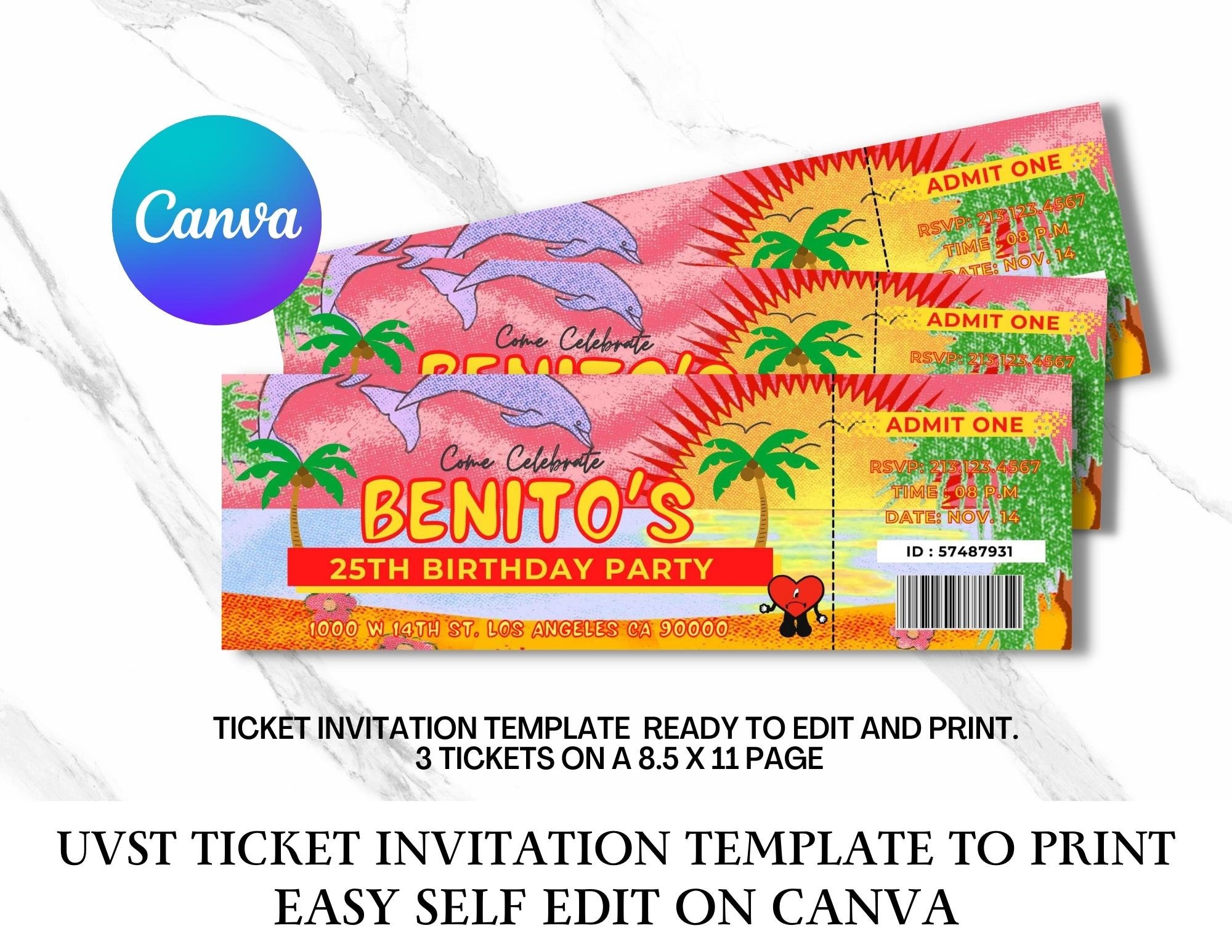 Bad Bunny Concert Ticket Birthday Invitation Template to Print Etsy