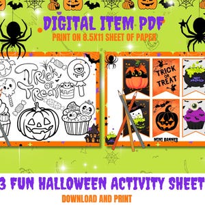 May include: A digital Halloween-themed PDF with printable activity sheets. The image features coloring pages with Halloween treats and banners with pumpkins and bats. Text includes "Trick or Treat" and "Mini Banner."