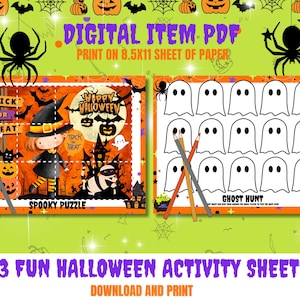 May include: A digital Halloween-themed PDF with two activity sheets. One sheet features a witch, pumpkins, and the text "Spooky Puzzle." The other sheet has ghost illustrations and the text "Ghost Hunt." The image includes the text "13 Fun Halloween Activity Sheets."