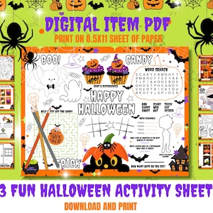 Page d&#39;activités d&#39;Halloween pour les enfants | Set de table à colorier Halloween imprimable | Feuille d&#39;activités manuelles d&#39;Halloween | Décoration de fête d&#39;Halloween