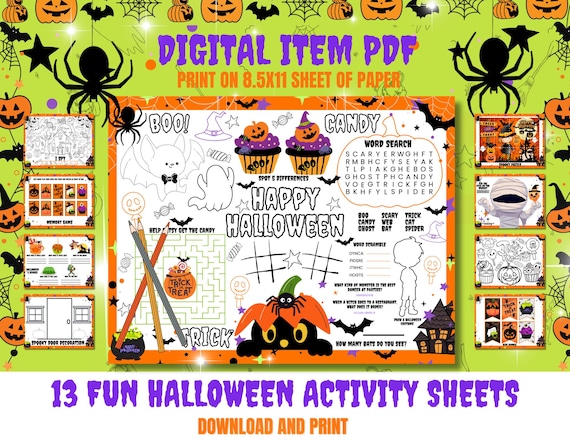 13 Halloween Activity Page For Kids | Printable Halloween Coloring Placemat | Halloween Craft Activity Sheet | Halloween Party Decor