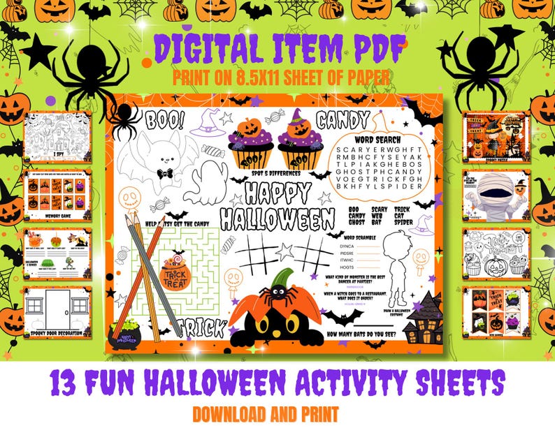 May include: A digital Halloween activity sheet with various games and coloring pages. Includes word searches, mazes, and spot-the-difference puzzles. Features pumpkins, bats, spiders, and other spooky elements. The text reads "Happy Halloween".