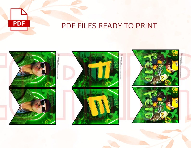 May include: Printable banner featuring a green and yellow design with the name "Feid" and a portrait of a person wearing sunglasses. The banner is ready to print.