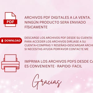 May include: A pink background with red and white text and icons. The text includes information about digital PDF files for sale, how to download them from Etsy, and printing instructions. The word "Gracias" is written in cursive.