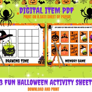 May include: A digital Halloween-themed PDF with two activity sheets. One sheet is for drawing, featuring a cauldron and witch hat. The other is a memory game with Halloween icons. The text reads "13 Fun Halloween Activity Sheets."