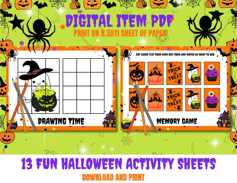 May include: A digital Halloween-themed PDF with two activity sheets. One sheet is for drawing, featuring a cauldron and witch hat. The other is a memory game with Halloween icons. The text reads "13 Fun Halloween Activity Sheets."
