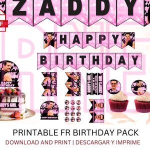 Peut inclure: Un pack d'anniversaire imprimable avec des décorations roses et noires. Le pack comprend une bannière avec l'inscription "ZADDY HAPPY BIRTHDAY", des décorations de gâteau, des décorations de cupcake et d'autres fournitures de fête. Le texte "ZADDY'S GIRL" est également visible.