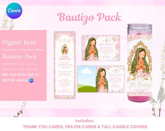 Bautizo Pack | Bautizo Thank You Card | Virgen de Guadalupe Bautizo Invitacion | Bautizo Invitacion | Bautizo Prayer Card | Bautizo Recuerdo