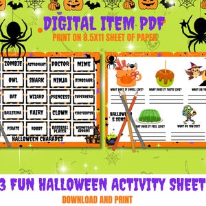 May include: A digital Halloween-themed PDF with activity sheets. The image features charade cards with Halloween characters and a 5 senses activity sheet. The background is lime green with Halloween decorations, including pumpkins, spiders, and bats.