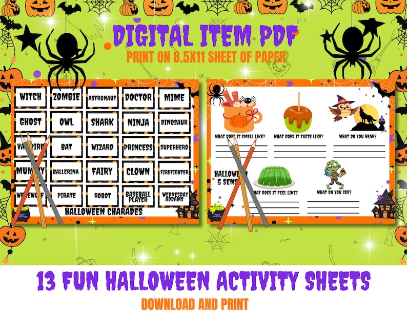 May include: A digital Halloween-themed PDF with activity sheets. The image features charade cards with Halloween characters and a 5 senses activity sheet. The background is lime green with Halloween decorations, including pumpkins, spiders, and bats.