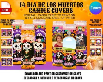 Può includere: Copertine per candele del Dia de los Muertos, con disegni colorati con illustrazioni di teschi di zucchero. Le copertine sono progettate per candele alte e sono stampabili su carta formato A4 (21 x 29,7 cm). Include opzioni per aggiungere immagini e personalizzare i nomi.