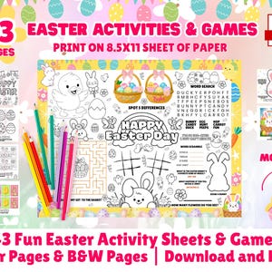 Könnte beinhalten: Ein druckbares Oster-Aktivitätspaket mit 43 Seiten mit Spielen und Ausmalbildern. Enthält Wortsuchrätsel, Labyrinthe und Ausmalbilder mit Ostereiern, Hasen und Küken. Der Text lautet "43 Easter Activities & Games".