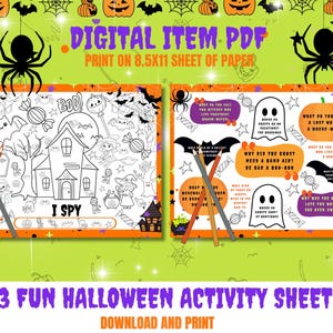 May include: A digital PDF with Halloween-themed activity sheets. The image features a coloring page with a haunted house and the text "I SPY". Another sheet has Halloween jokes. The background is lime green with Halloween decorations.