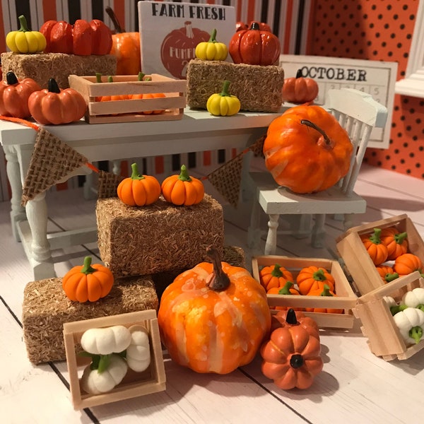 Halloween Miniature Pumpkins, Pumpkin Patch, Haybales, Dollhouse and Miniature Accessory, 1:12 Scale, Fairy Garden, Diorama