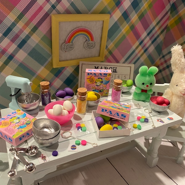 Miniature Easter Egg Decorating Kit, Dollhouse Easter Eggs, 1:12, Miniature Accessories, Fairy Garden, Shadow Box, Diorama