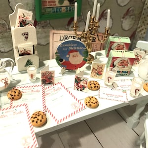 Miniaturas de cartões de Natal, conjunto de 12, porta-cartões para casa de bonecas, prato de biscoitos do Papai Noel, carta do Papai Noel, mini leite, 1:12, jardim de fadas, diorama