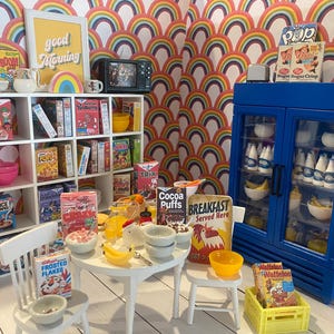 Miniature Milk and Cereal Bar, Dollhouse Saturday Morning Cartoons & Sugar Cereal, 1:12 Nostalgic Cereal Boxes, Milk, Juice, Toast, TV, Art