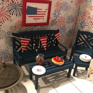 Miniature Dollhouse Backyard Patio Set, 4th of July Set, 1:12, Accessories, Signs, Baseball Set, Americana Pennant, Jumbo Pillows, Fire pit