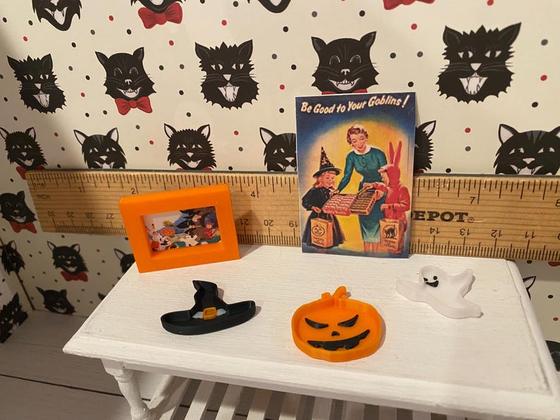 Cubos de calabaza en miniatura para Halloween, cubos para pedir dulces, platos para dulces de Halloween para casas de muñecas, cajas de dulces a escala 1:12, cuencos, bandeja para manzanas acarameladas imagen 4