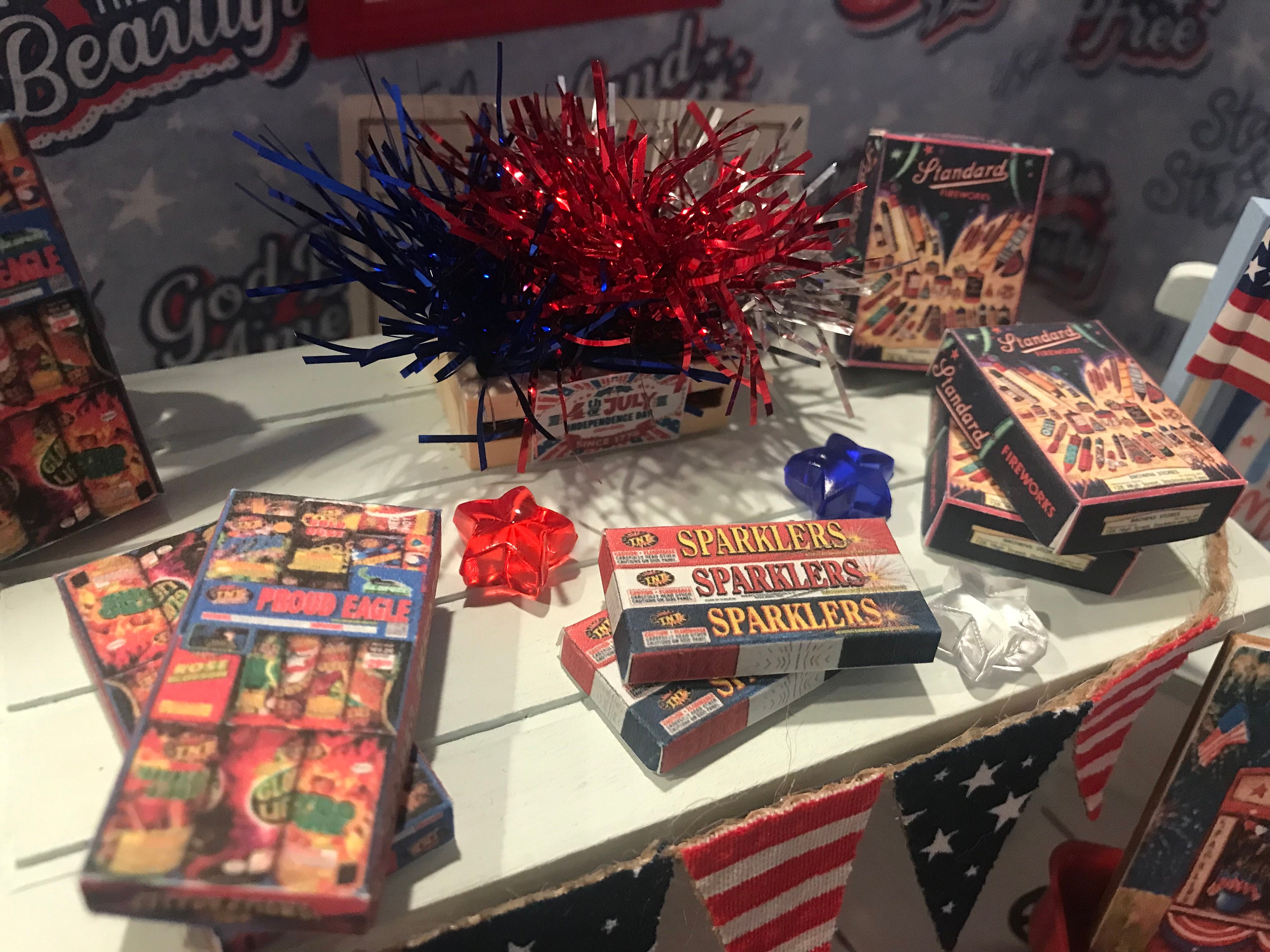 Mini Firework Set Miniature Fireworks Boxes and 4th of July Pennant, Dollhouse Diorama ...