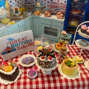 Miniature British Bakery, Dollhouse Bakery, 1:12, Cakes, Cookies, Tarts, Blender, Mixer, Flour, Rolling Pin, Eggs, Butter, Pans, Pots, Bowl