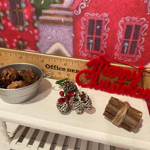 Miniature Christmas General Store, Dollhouse Signs, Firewood, Pinecones, Greenery, Cards, Candy Canes, DVD's Books, Albums, Santa, Art, 1:12 image 7