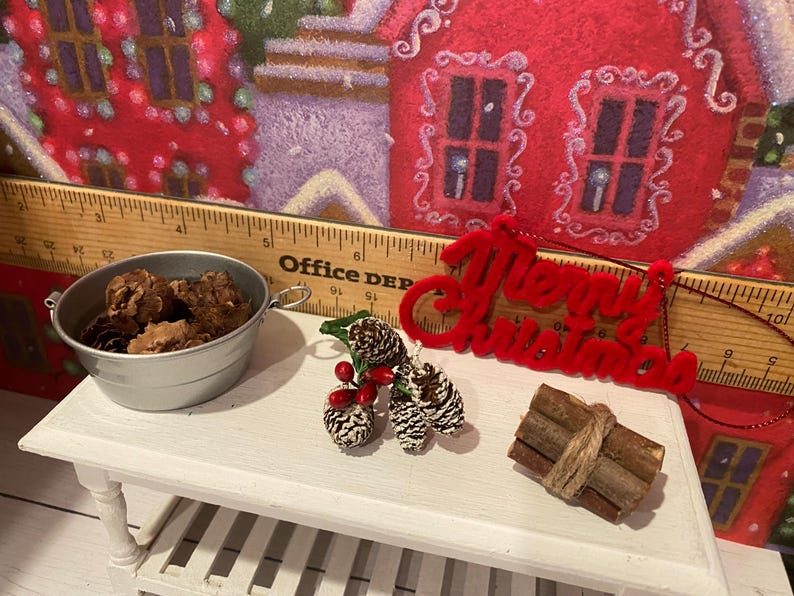Miniature Christmas General Store, Dollhouse Signs, Firewood, Pinecones, Greenery, Cards, Candy Canes, DVD's Books, Albums, Santa, Art, 1:12 image 7