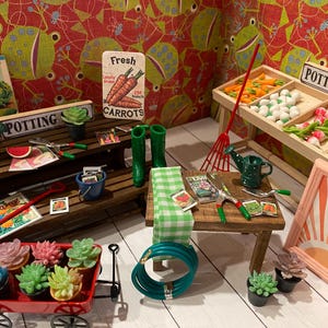 Miniature Potting Table, Dollhouse Gardening Accessories, 1:12, Gardening Boots, Hose, Wagon, Plants, Seed Packs, Welcome Mat, Books