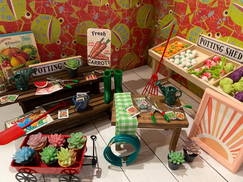 Miniature Potting Table, Dollhouse Gardening Accessories, 1:12, Gardening Boots, Hose, Wagon, Plants, Seed Packs, Welcome Mat, Books image 1