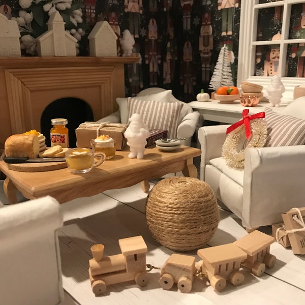 Village de Noël miniature, décoration rustique et contemporaine pour maison de poupée, père Noël, train en bois, traîneau, radio, cheminée, assiette à pain/confiture, 1/12