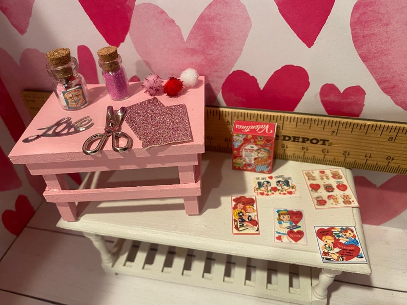 Card Making Table Miniature Valentine Card Making Table, Dollhouse Valentine Accessories ...