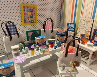 Miniature Fill-A-Diaper Bag, 1:12, Nursery Items, Diapers, Sippy Cups, Rattle, Baby Food Jars, Baby Cereal, Books, Toys, Magazines, Art