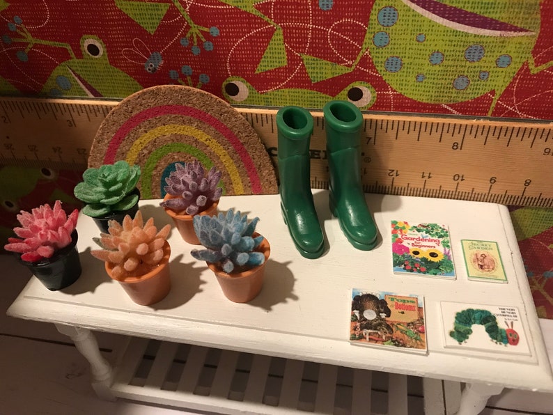 Miniature Potting Table, Dollhouse Gardening Accessories, 1:12, Gardening Boots, Hose, Wagon, Plants, Seed Packs, Welcome Mat, Books image 3