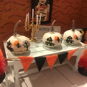 Designer Painted Pumpkins, Storybook Pumpkins, 1:12, Orange and Black Pennant Banner, Halloween Trees, Diorama, Shadow Box, Fairy Garden