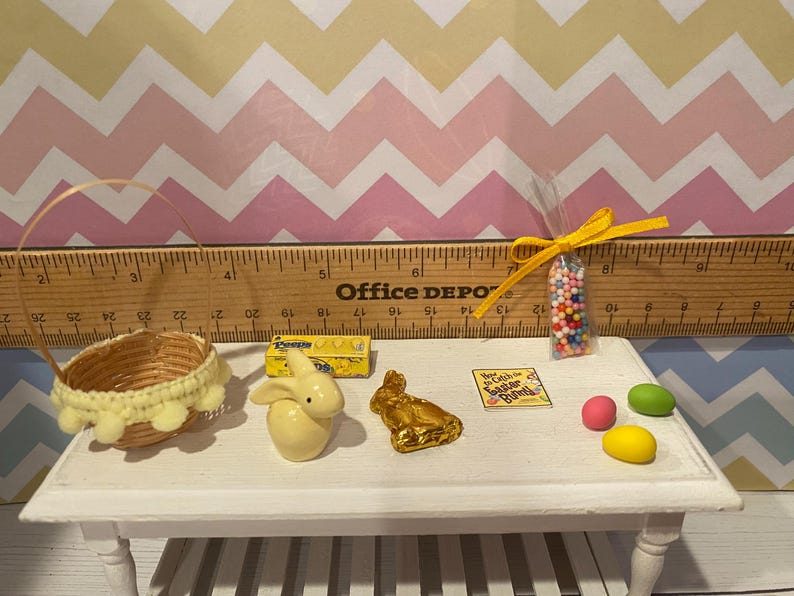 Miniature Easter Brunch, Dollhouse Easter Egg Hunt, 1:12 Designer Baskets Stacy's Basket