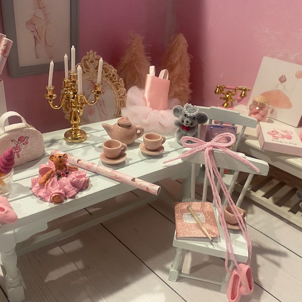 Miniature Ballet Lesson, Dance & Ballerina Dollhouse Accessories, 1:12 Tutu, Ballet Slippers, Art, Tea Set, Computer, Gift Wrap, 80's Decor